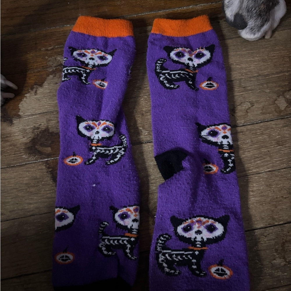 Purple and Orange Cat Skeleton Socks
